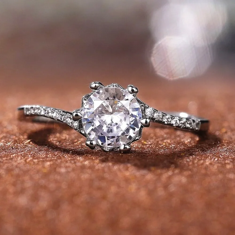 😍MOISSANITE SILVER ROUND TWISTED BIG FLOWER SOLITAIRE ENGAGEMENT RING, K758